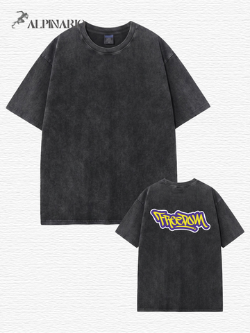 Vintage Washed Cotton T-Shirt with Graffiti 'Freedom' Back Print
