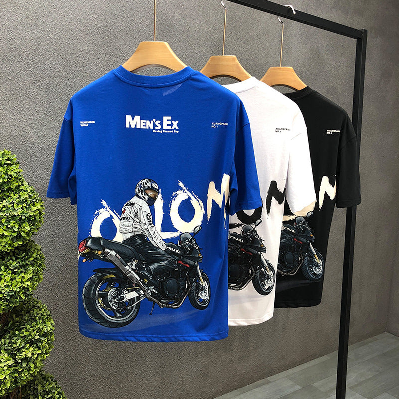 Men's Clothing National tide motorcycle character print short sleeved T shirt me