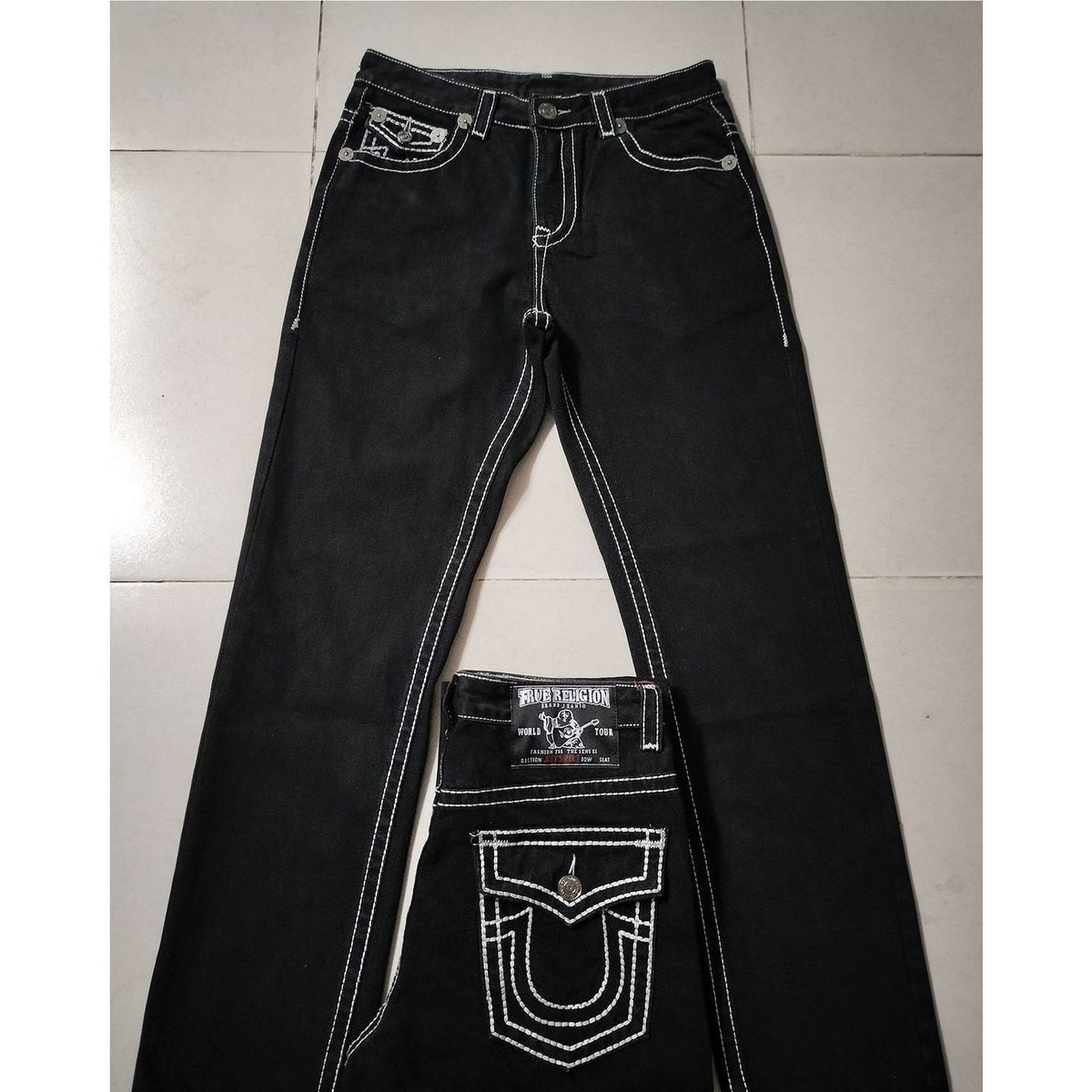 Men's Straight Leg Jeans - Distressed White Stitching | Streetwear Denim Pants