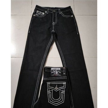 Men's Straight Leg Jeans - Distressed White Stitching | Streetwear Denim Pants