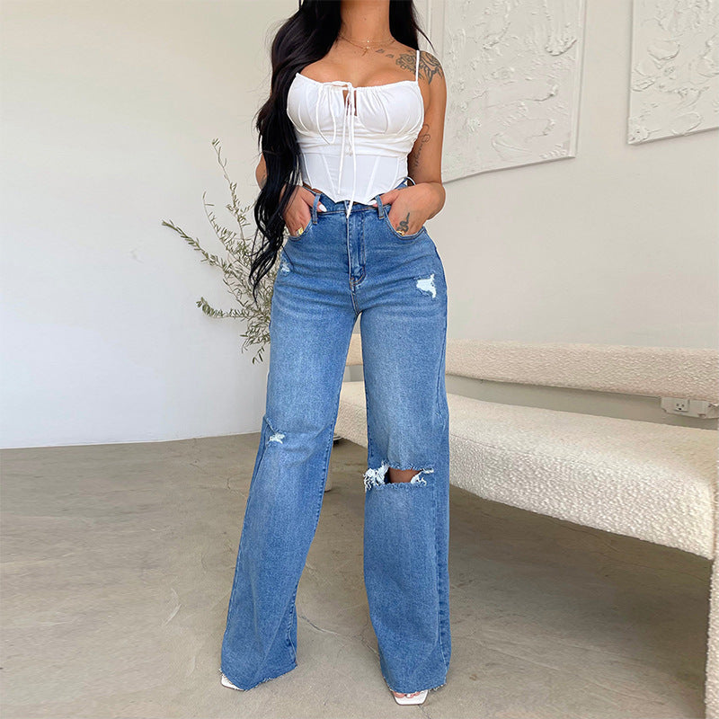 women's jeans long section high waist ripped holes raw edge hot sale European an