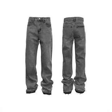 Men's Distressed Flared Jeans - Vintage Grey Cleanfit Denim With Frayed Hem, Hig