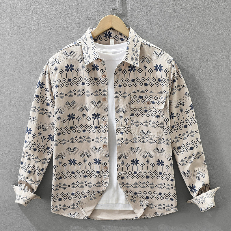 Trendy Printed Long Sleeved Shirt For Men, Fashionable And Versatile, Artistic A