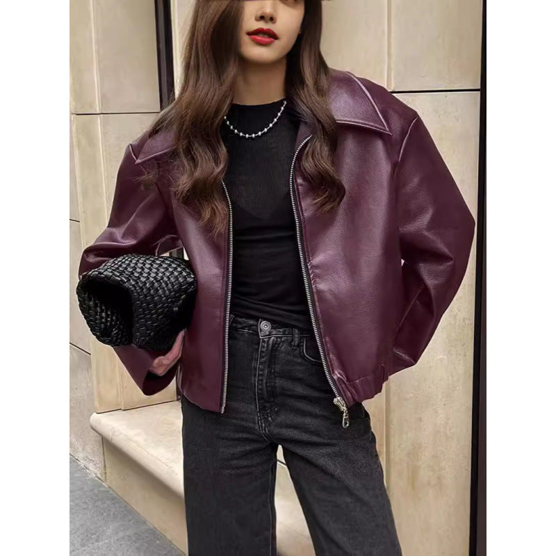 Oversized Biker-Style Leather Jacket For Women - Long Sleeve Loose Fit Coat (Bur