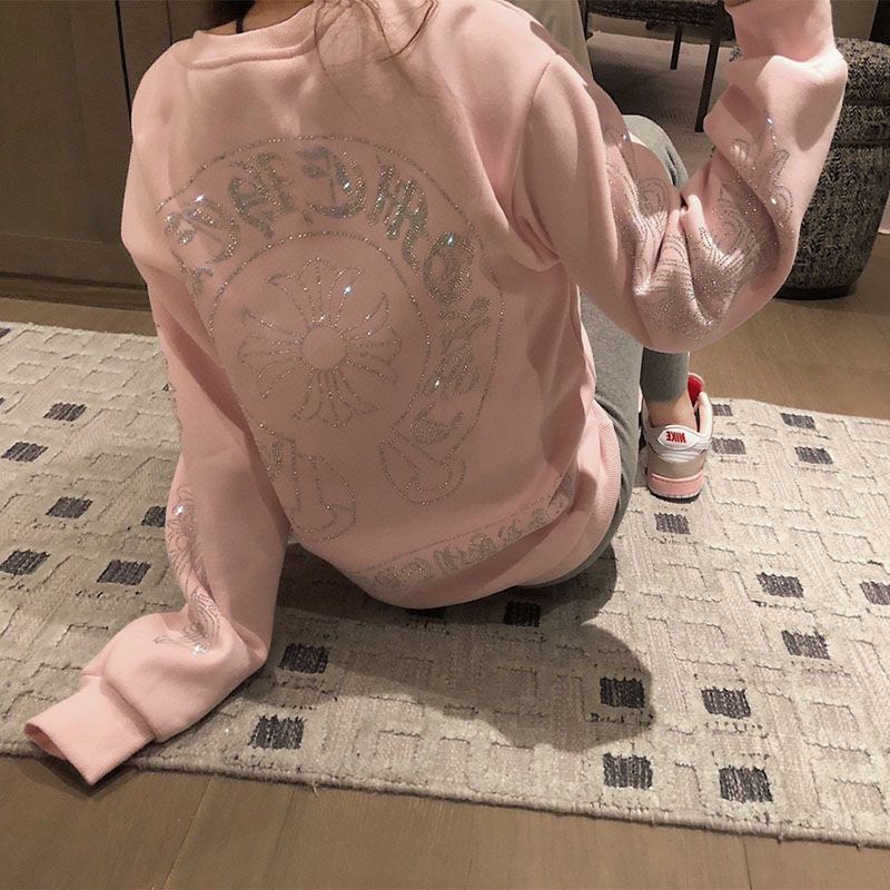 Trendy Brand Cross-print Rhinestone Fleece-lined Thick Sweatshirt For Women With