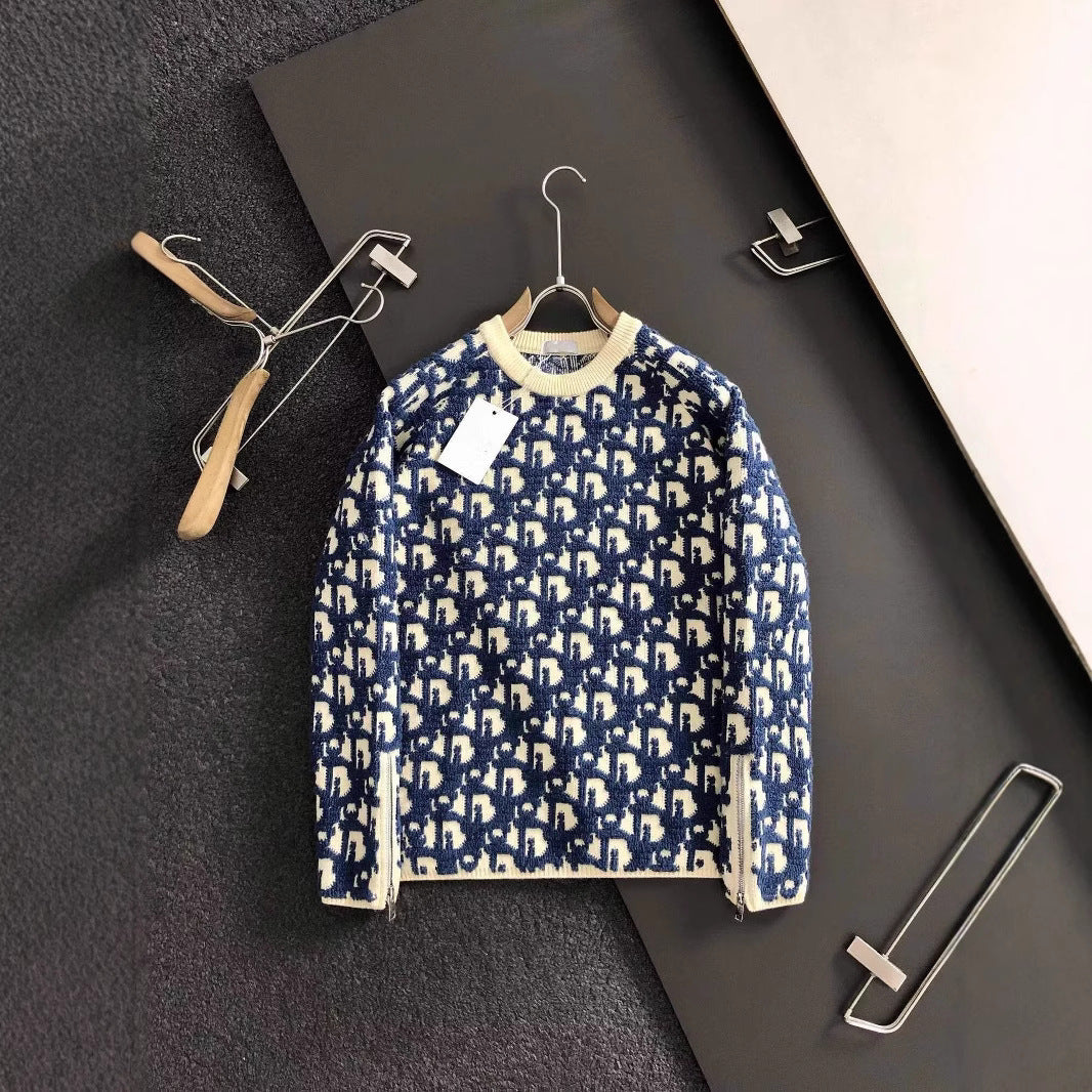 Men's Clothing Heavy Weight Light Luxury Zipper Sleeve Trendy Jacquard Knit Swea