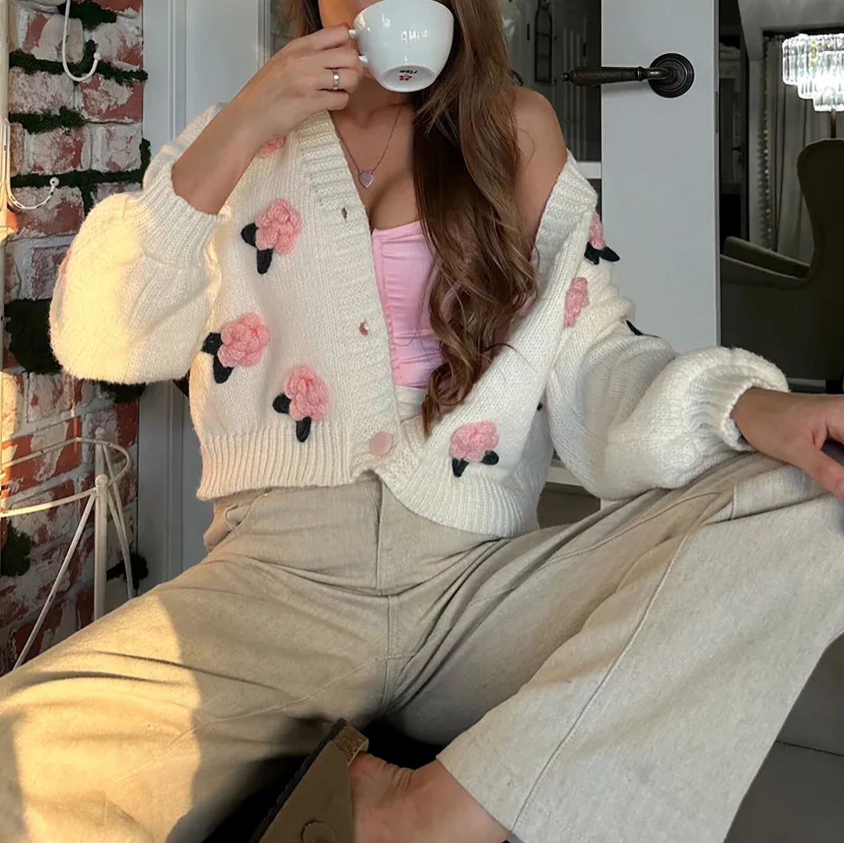 Women's Floral Embellished Knit Cardigan - Sweet V-Neck Button-Up Sweater Coat (
