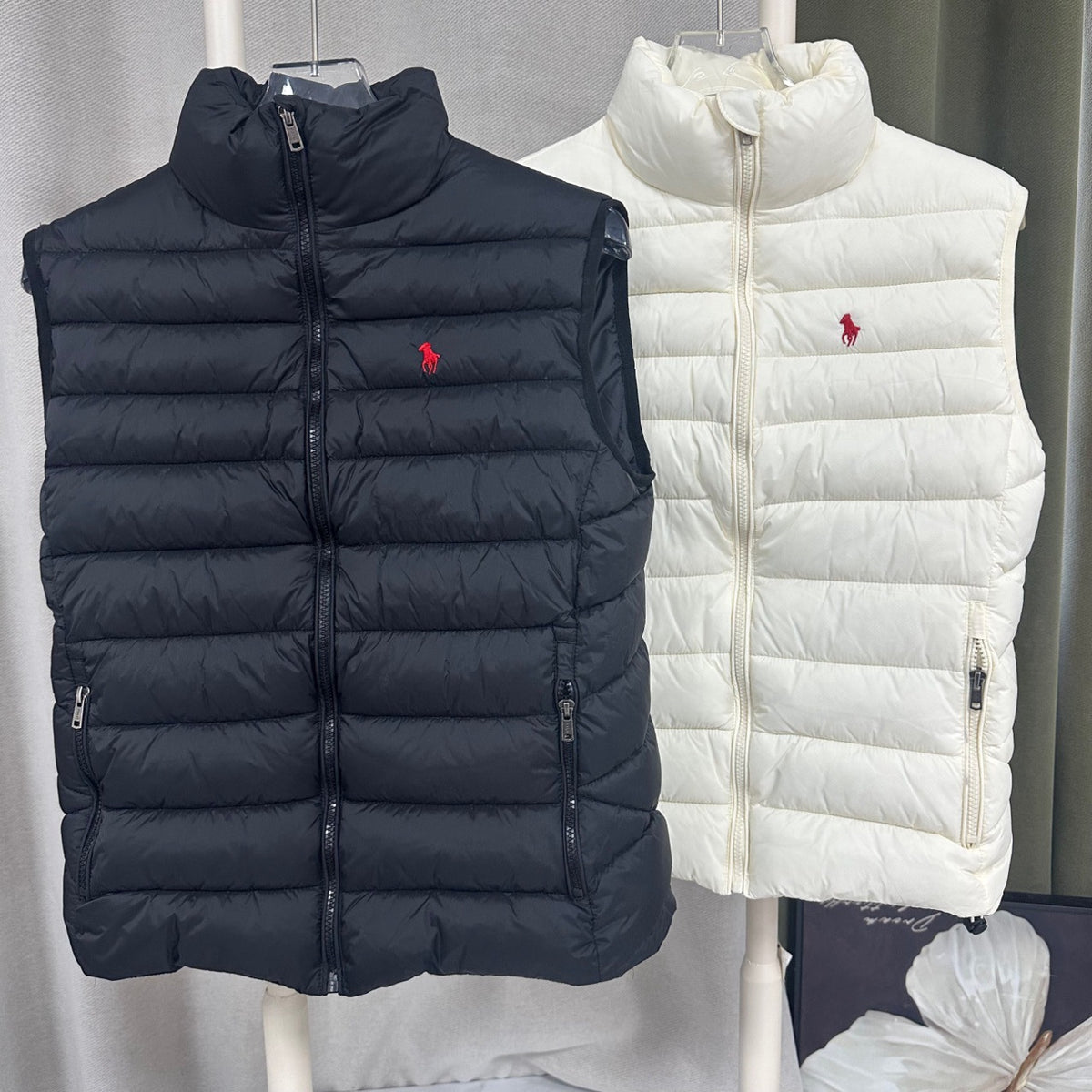 Women's Quilted Puffer Vest with Stand-Up Collar, Full Zip Closure and Zippered Side Pockets - Black & Cream with Red Embroidered Logo