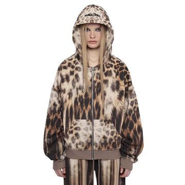 Leopard Print Zipper Hooded Sweatshirt Y2K Style European American Trendy Women'