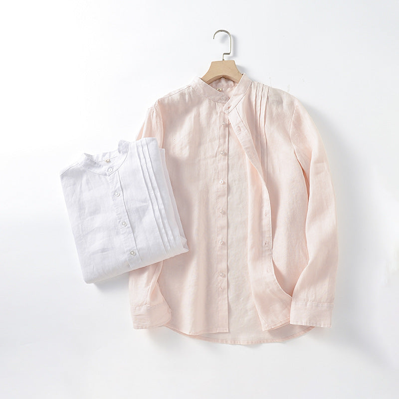 Men's Clothing Stand Collar Loose Casual Solid Color Youth Linen Shirt Top