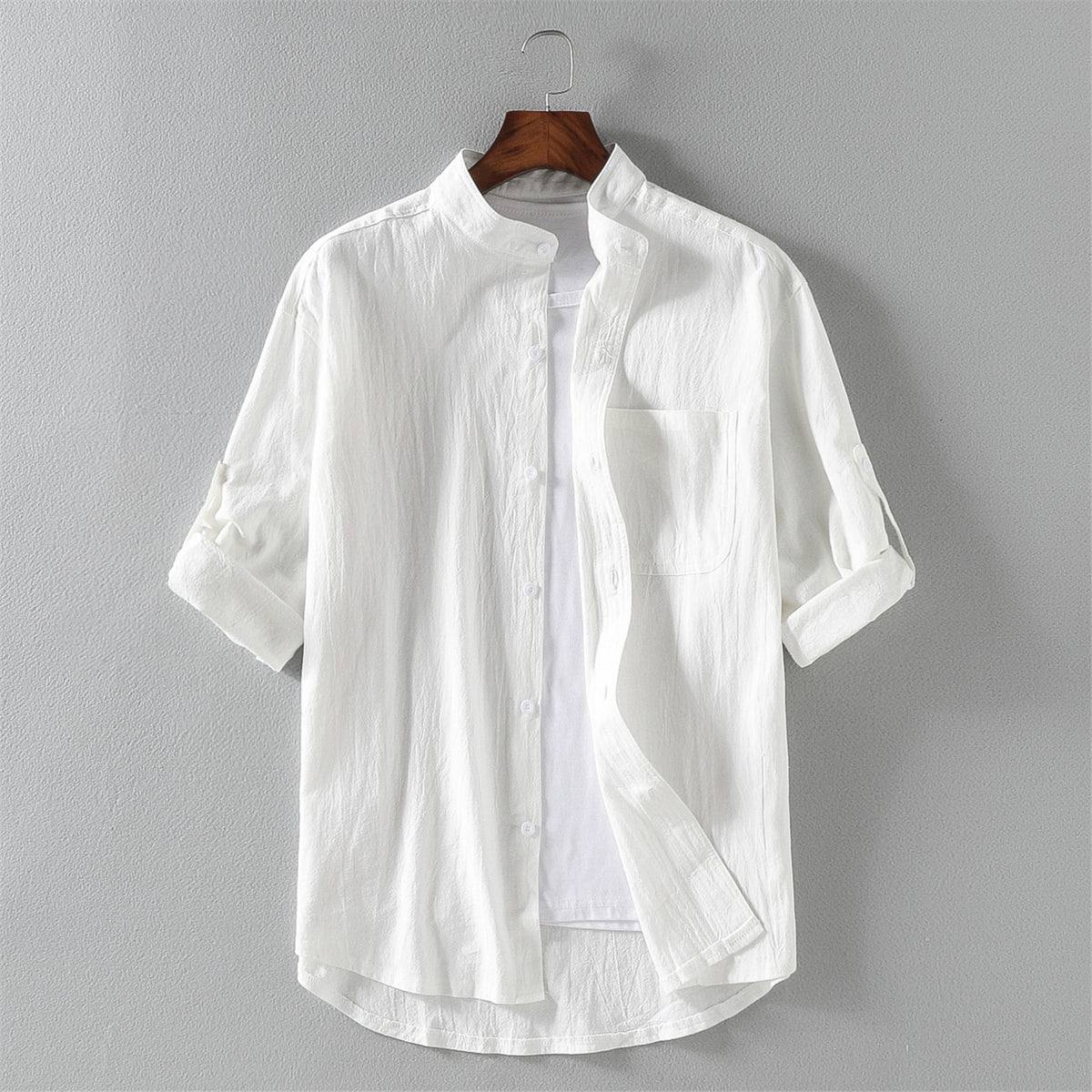 Men's Clothing shirt men's summer retro stand-up collar handsome linen short-sle