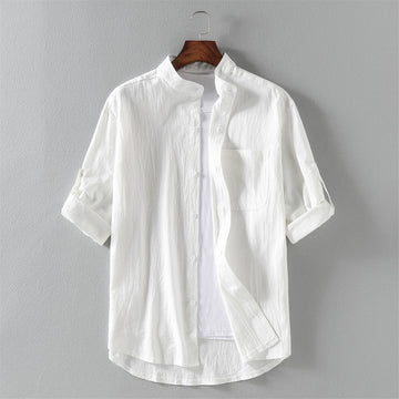 Men's Clothing shirt men's summer retro stand-up collar handsome linen short-sle