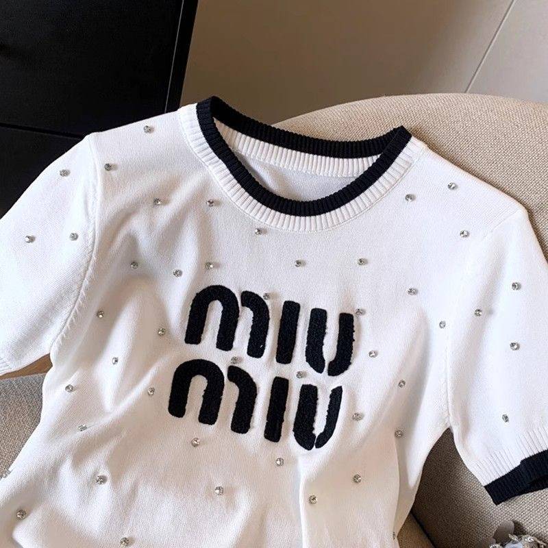 Women's Clothing Nail Diamond Design Pullover Short Sleeved Knitted Sweater