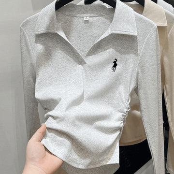 Women's Pleated Waist T-shirt, Autumn Style, Long Sleeves, V-neck, Solid Color,