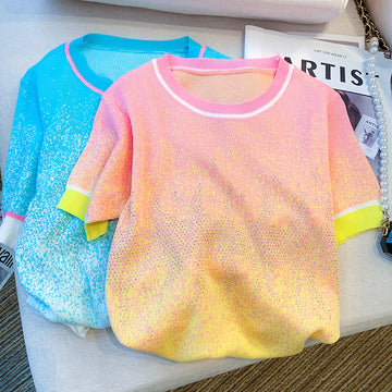 Women's Clothing Summer Design Gradient Hot Diamond Heavy T Shirt Ice Silk Knitt
