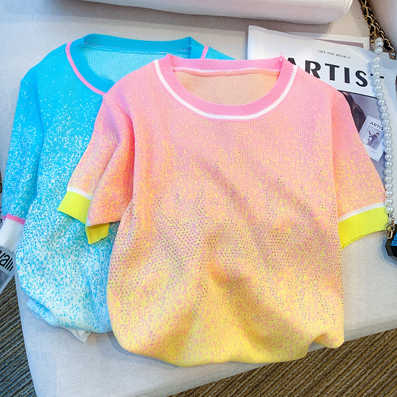 Women's Clothing Summer Design Gradient Hot Diamond Heavy T Shirt Ice Silk Knitt