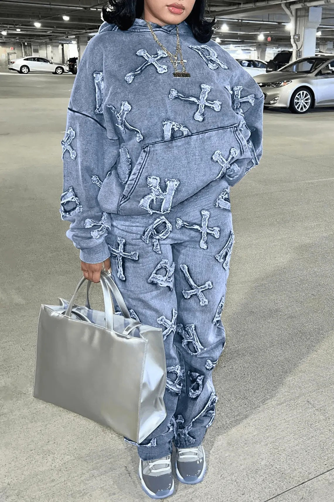 Women's Autumn Printed Pocket Long-sleeved Sweatshirt 2-piece Set, Trousers Suit