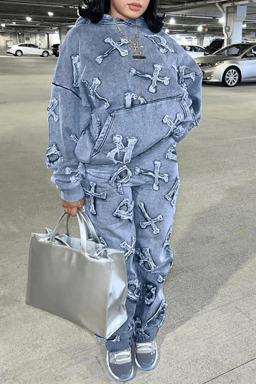 Women's Autumn Printed Pocket Long-sleeved Sweatshirt 2-piece Set, Trousers Suit