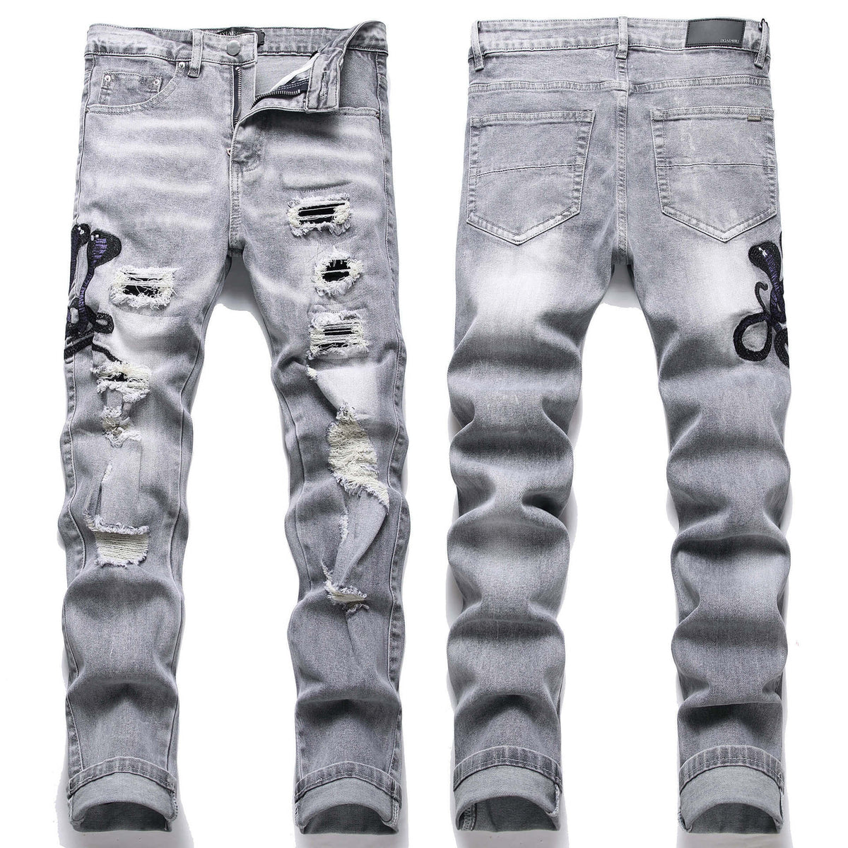European Men's Light Blue Ripped Embroidered Jeans Men's Trendy Elastic Slim Fit