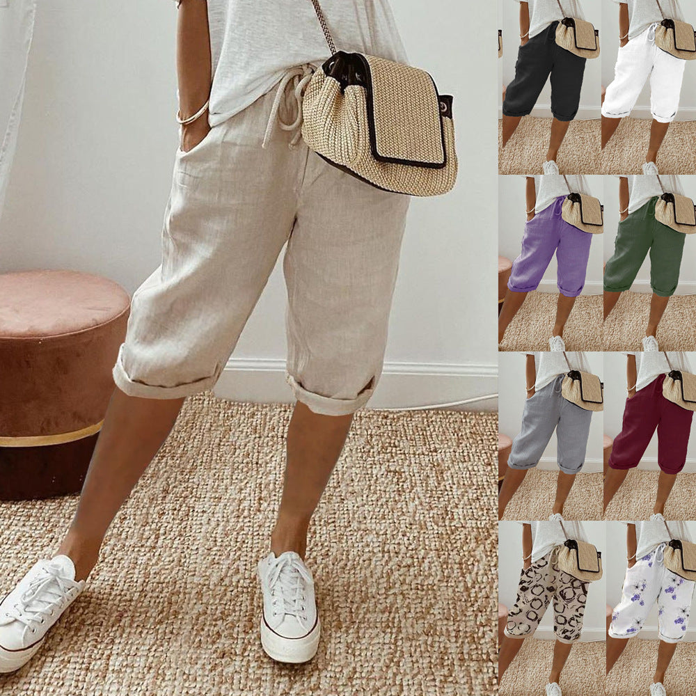 Women's cotton and linen pocket elastic casual pants women's pants quarter pants