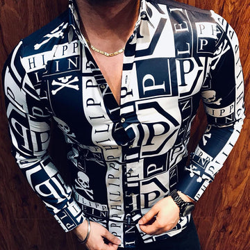 New Men's Fashion Trend Long Sleeve Printed Slim Fit Shirt