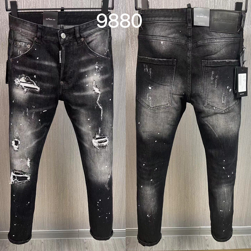 Men's straight-leg denim pants ripped and washed