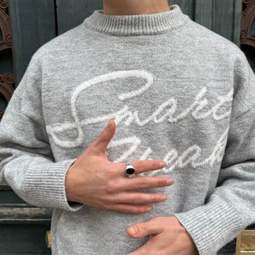 Retro Letter Jacquard Knit Sweater (Soft Acrylic, Oversized Fit, Unisex Couple S