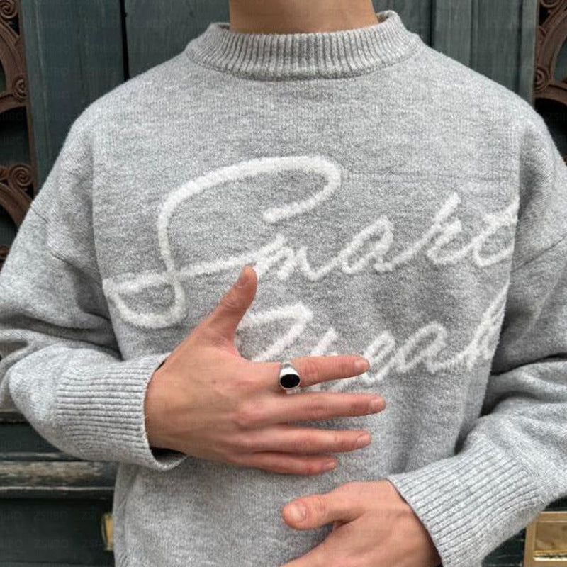 Retro Letter Jacquard Knit Sweater (Soft Acrylic, Oversized Fit, Unisex Couple S