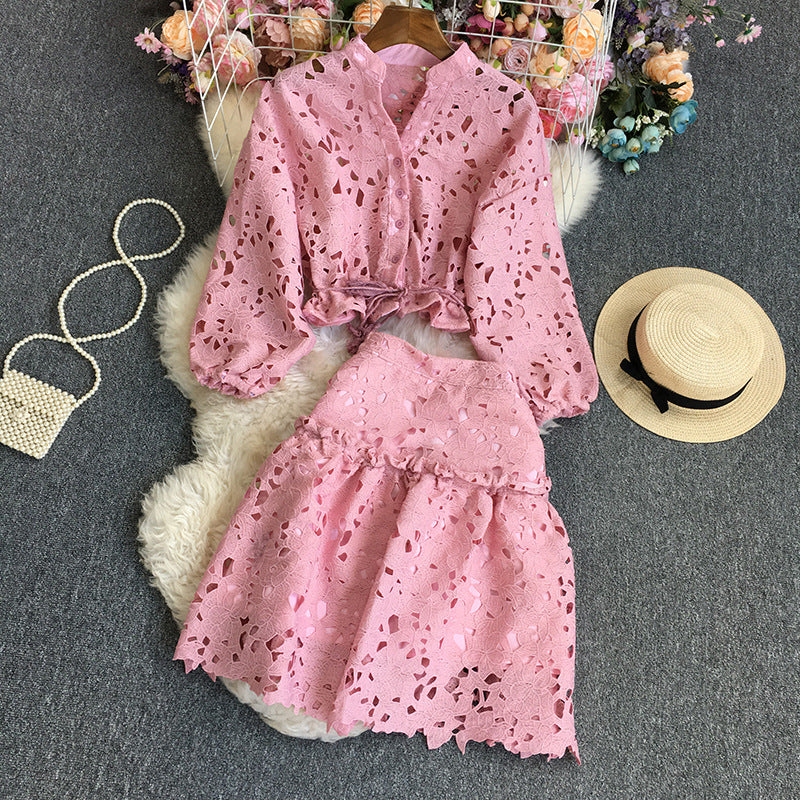 Women's Clothing solid color lace long sleeve + skirt suit
