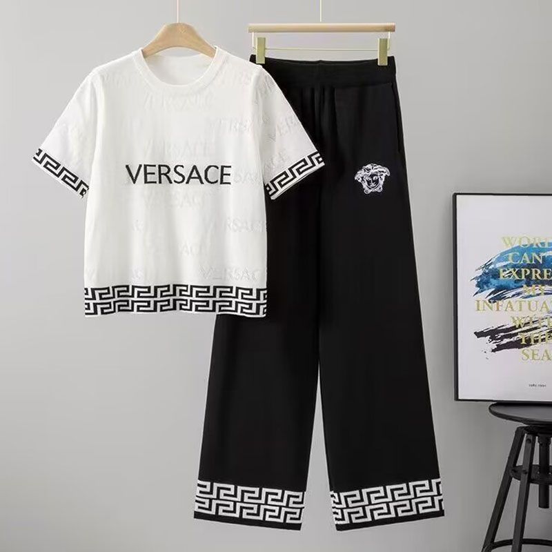 Summer Women's Knit Two Piece Set Casual High Waisted Wide Leg Pants With Letter
