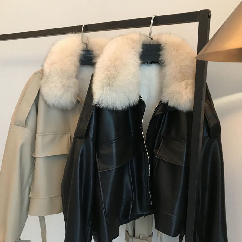 Women's Clothing Autumn and winter plus velvet thickened leather jacket fur shor