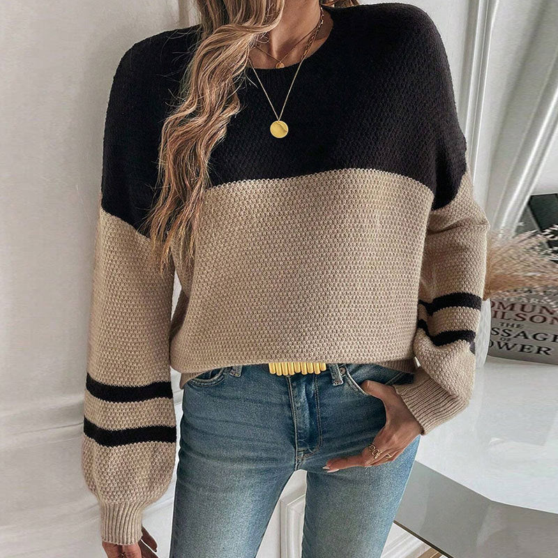 Women's Long Sleeve Color Block Sweater - Loose Knit Pullover With Lantern Sleev