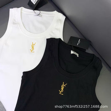 Summer New Style Embroidered Golden Pure Cotton Women's Vest, Trendy Base Layer,