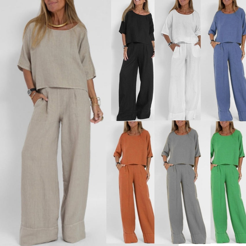 European And American Summer New Women's Casual Loose Solid Color Short Sleeve C