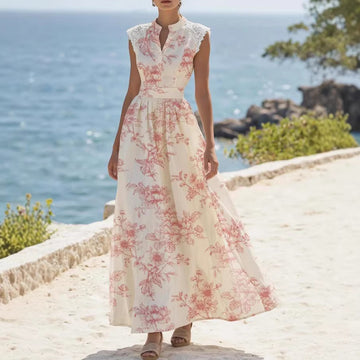 Women's Elegant Short-Sleeved Lace Trimmed Printed Dress American Style Spring N
