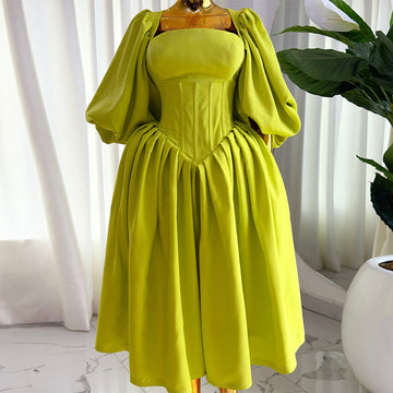 Women's Clothing Autumn New Sweet And Fresh Square Neck Waist Tie Lantern Sleeve