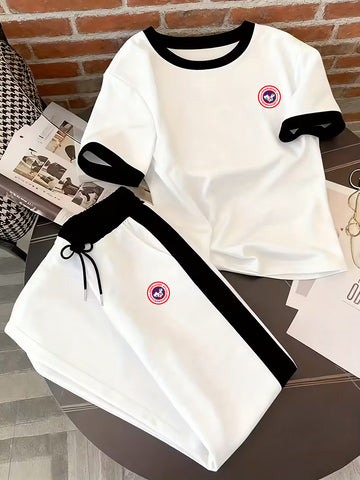 Women's Casual Sporty Two-Piece Set Short Sleeve Top Comfortable Pants Black Whi