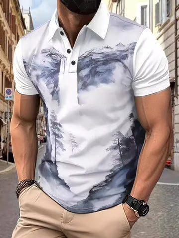 Summer New Men's Short Sleeve Landscape Print Sports Polo Shirt