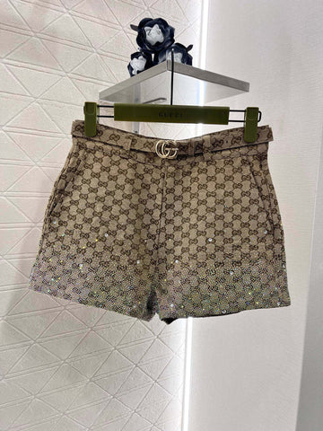Double G Letter Full Printing Hot Stamping Diamond Belt Shorts Top Brand Women's