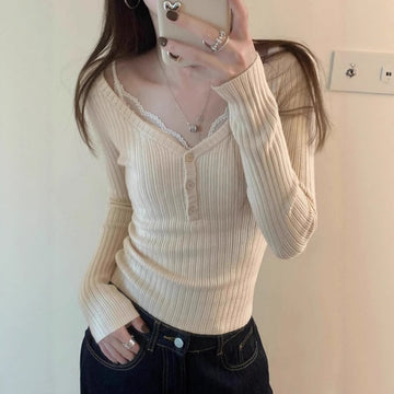 girl Hot Girl Unique Ribbed Slimming Base Shirt Women Early Spring Low Neck