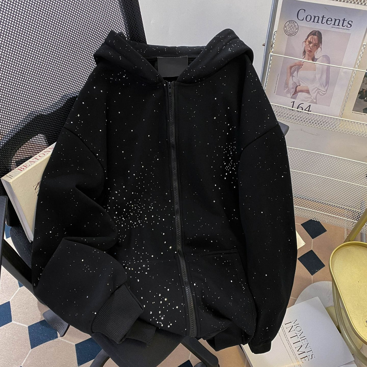 Unisex Sparkly Hooded Cardigan Sweatshirt High Street Style Trendy Loose Couple
