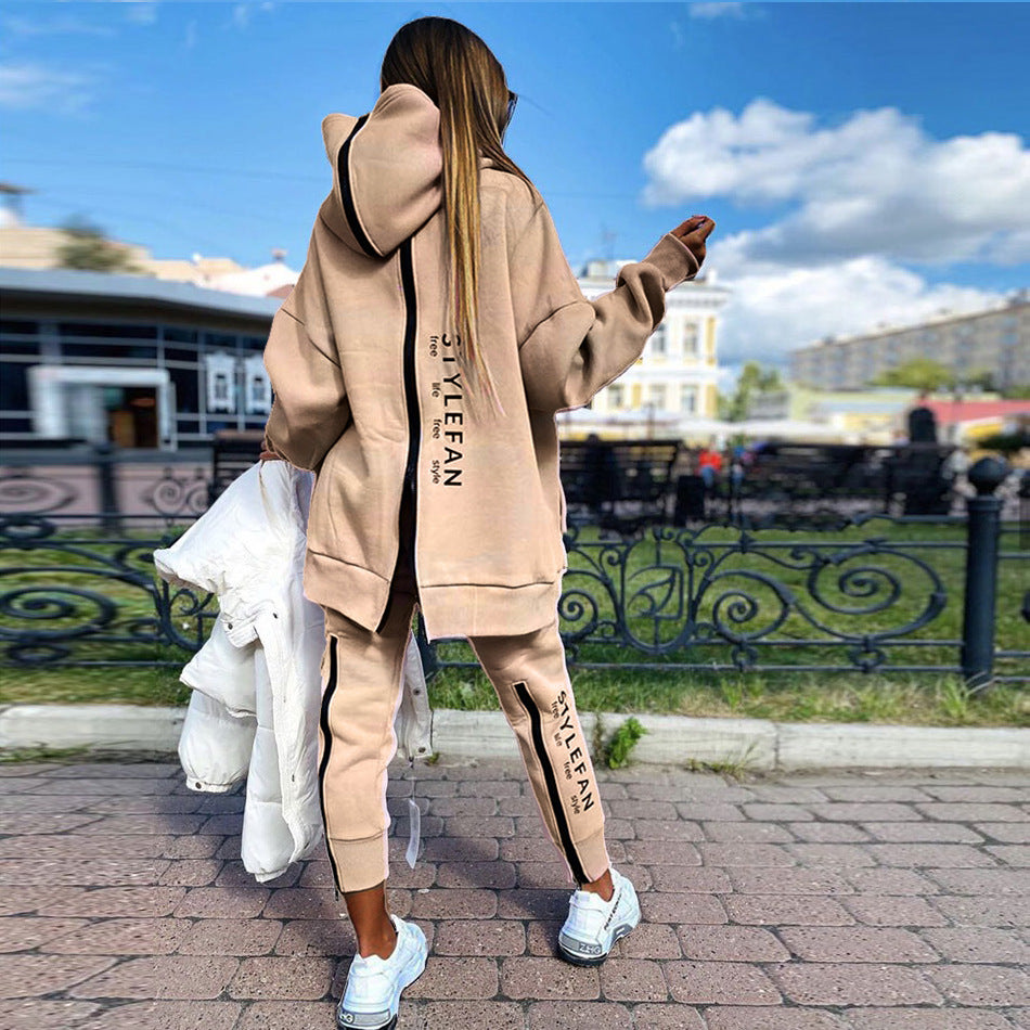 Fashionable Women's Suit Long Zipper Front And Back Letter Print Loose Long Swea