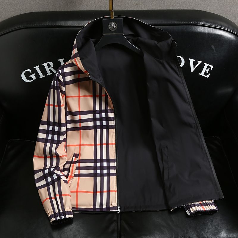 Reversible Jacket Coat Double-Sided Men's New Spring Trendy Hooded Plaid Fa