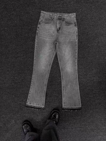 Men's Distressed Flared Jeans - Vintage Grey Cleanfit Denim With Frayed Hem, Hig