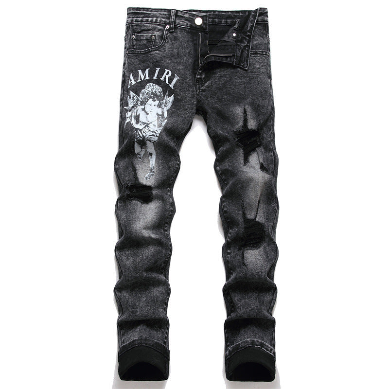 Man's clothing Jeans ripped black trend stretch slim-fit shorts men's pants Ange