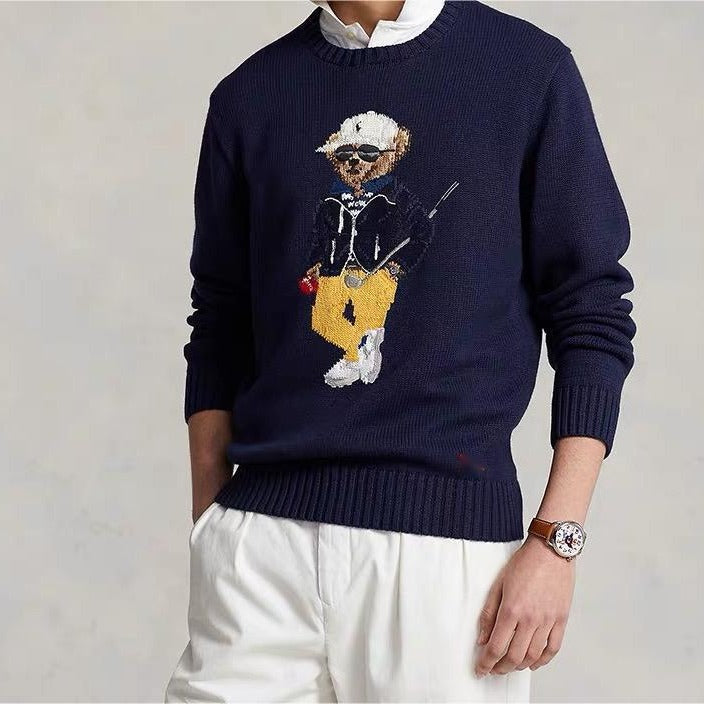 Men's Clothing round neck golf embroidered bear casual loose versatile sweater
