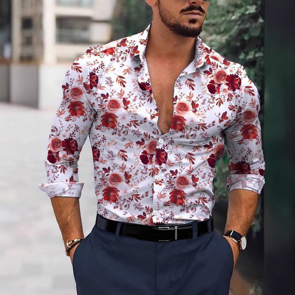 Men's Clothing Long Sleeved Shirts Four Sided Stretch Floral Print Trendy Versat