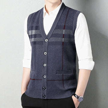 Men's Jacquard Knit Vest – V-Neck Sleeveless Sweater (Red/Gray/Khaki/Black, M-