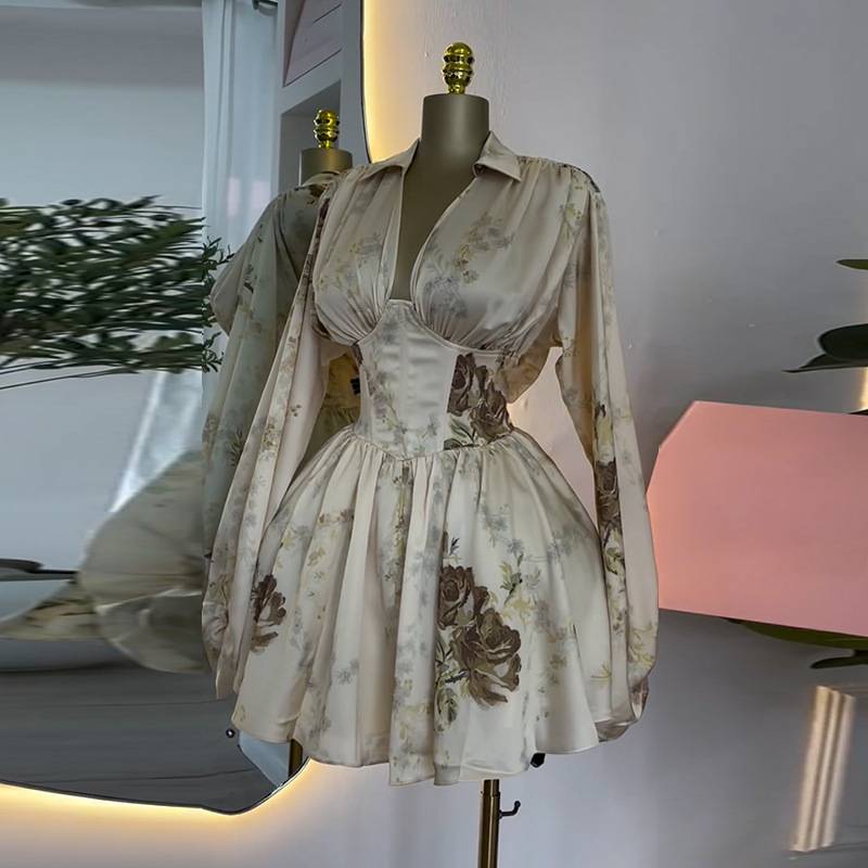 Women's Clothing Spring Elegant Printed V Neck Lantern Sleeve High Waist Dress S