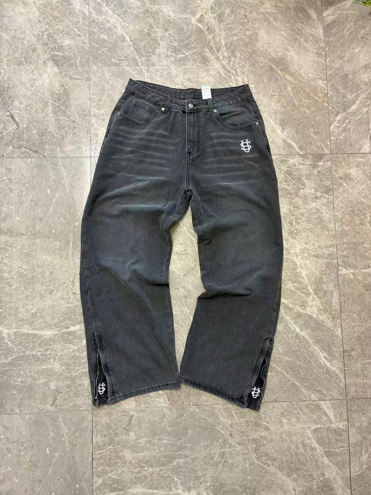 Men's Vintage Washed Denim Jeans, Straight Leg Fit With US Style Embroidery For